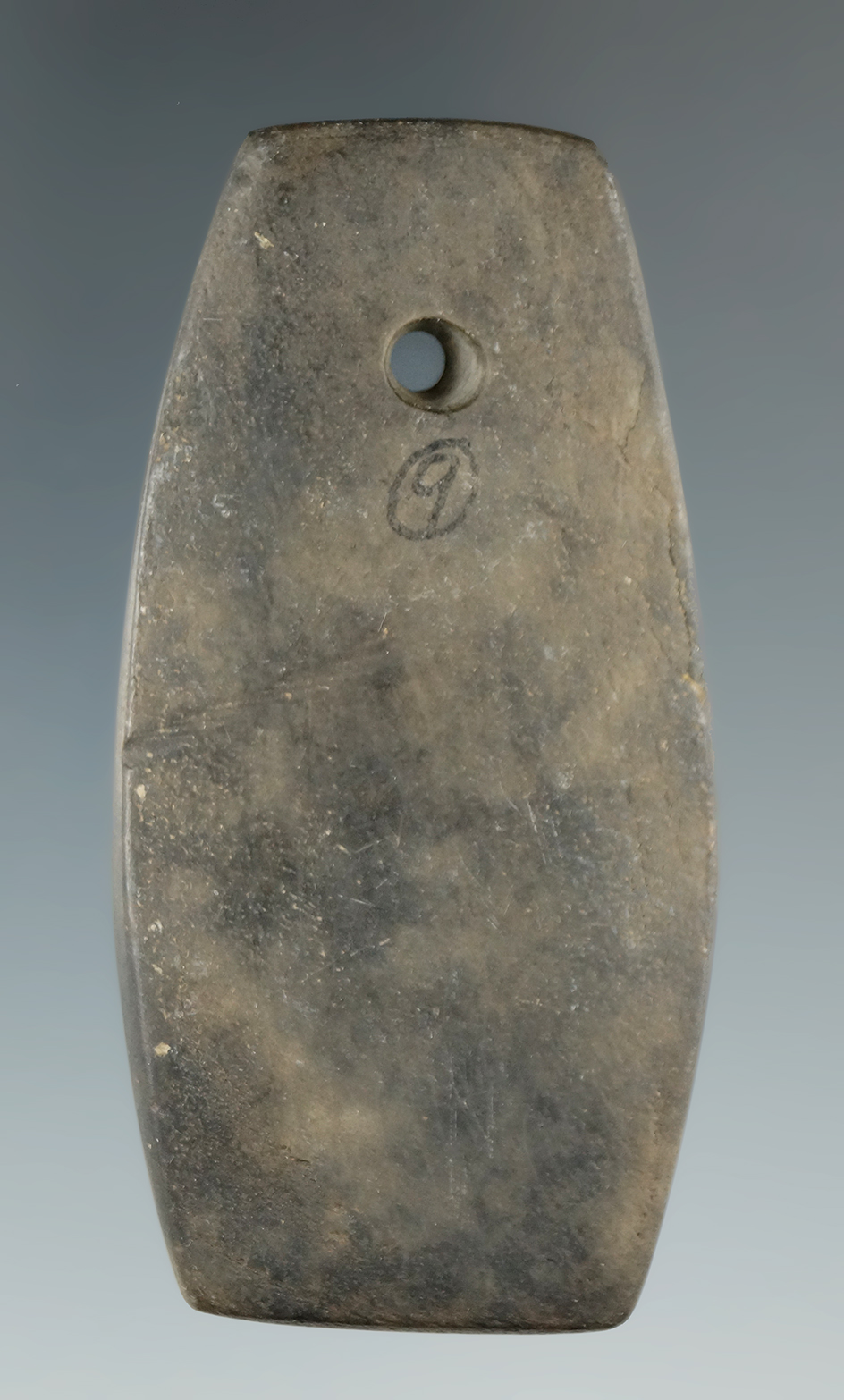 2 13/16" Hopewell Trapezoidal Pendant made from Mottled Slate, found in Knox Co., Ohio.