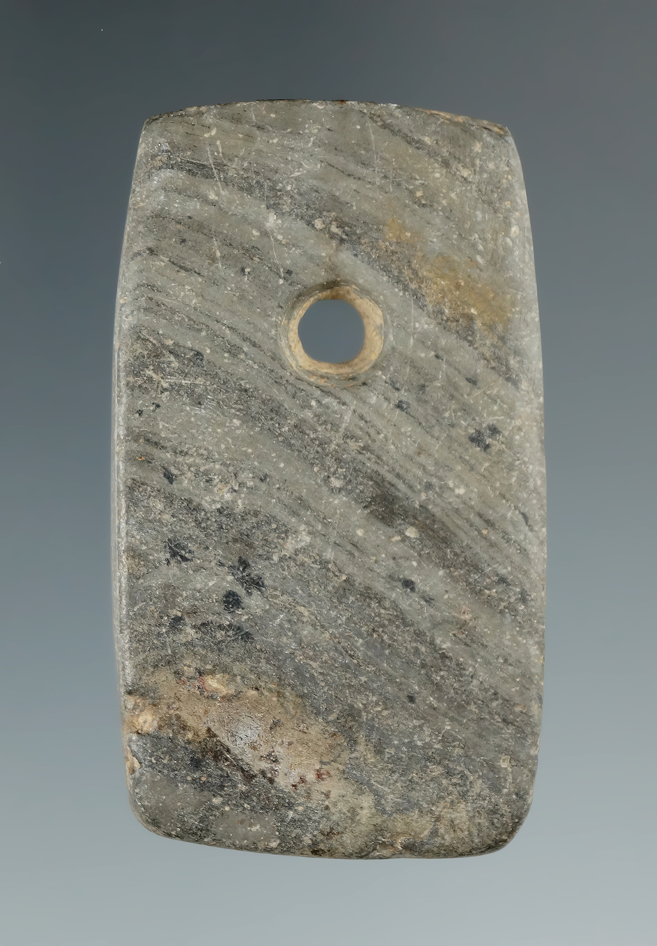 2 1/4" Hopewell Rectangular Pendant made from gray and black Banded Slate, found in Ohio.