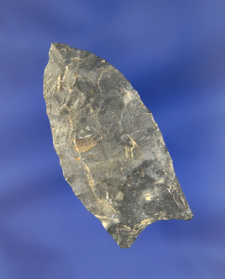 2 7/16" Paleo Clovis - unfluted. Found in Licking Co., Ohio and made from Coshocton Flint.