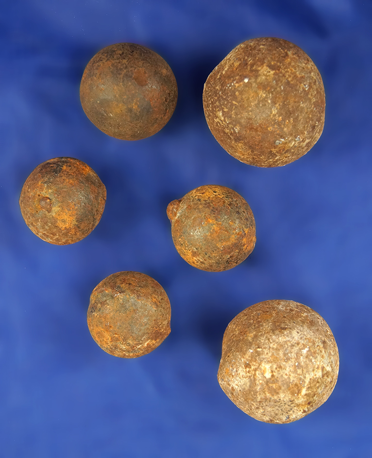 Group of six iron cannon shot balls – largest is 1 1/4".