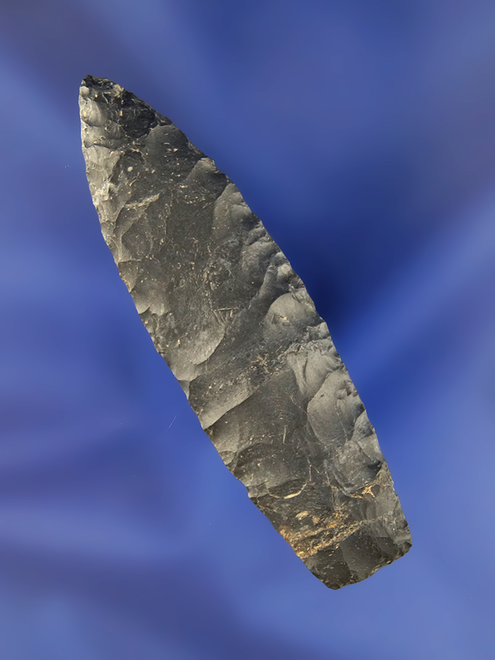 Well made! 2 7/8" Coshocton Flint Paleo Lanceolate found in Ohio. Ex. Macy Hallock.