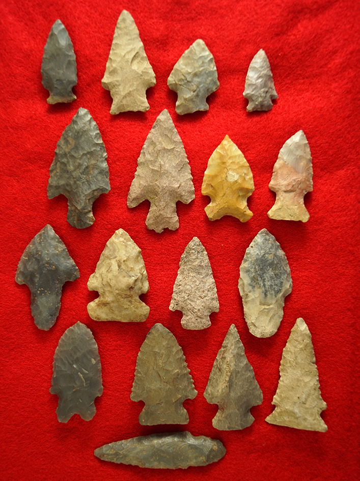 Group of 17 assorted arrowheads found in southern Ohio. Largest is 2 1/4".