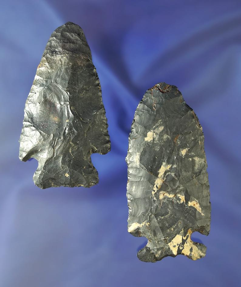 Pair of Archaic Points found in Lorain Co., Ohio.  Largest is 3 1/4", both restored.  Ex. Sauer.