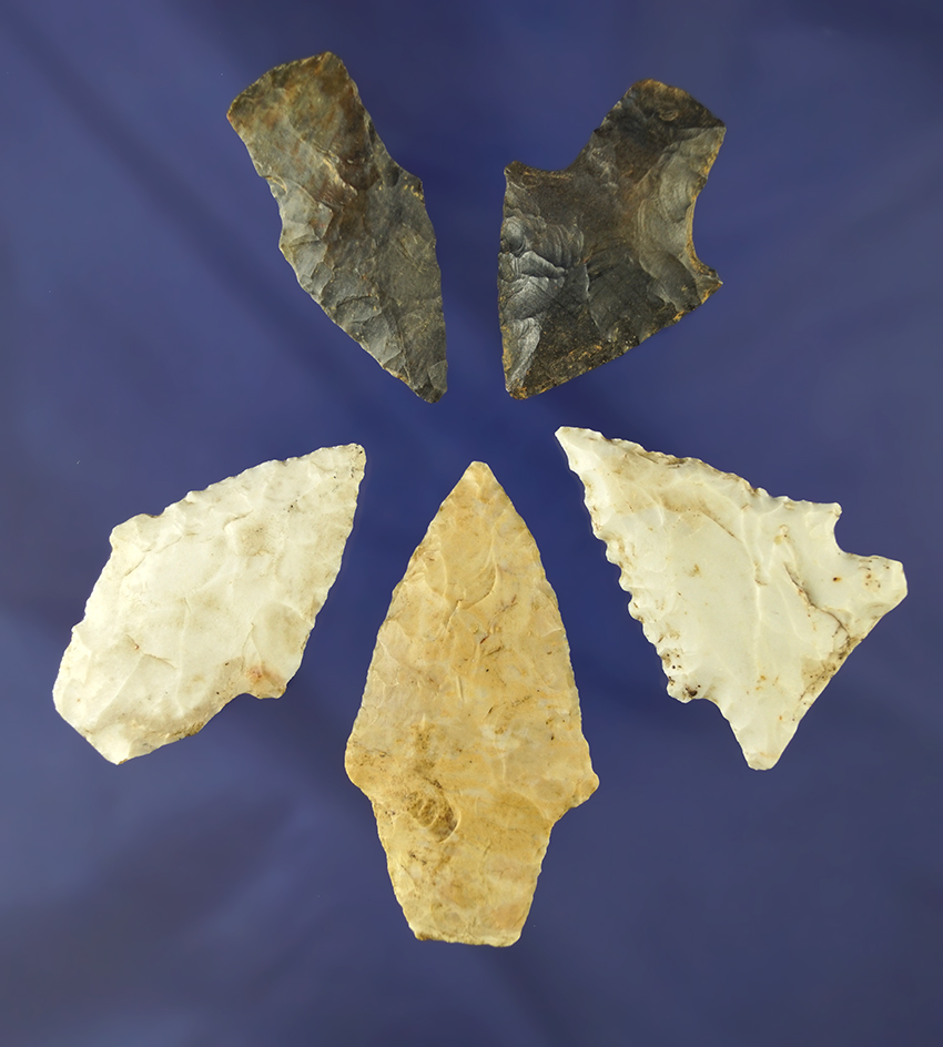 Set of five very nice assorted artifacts found in the Missouri area, largest is 2 3/8".