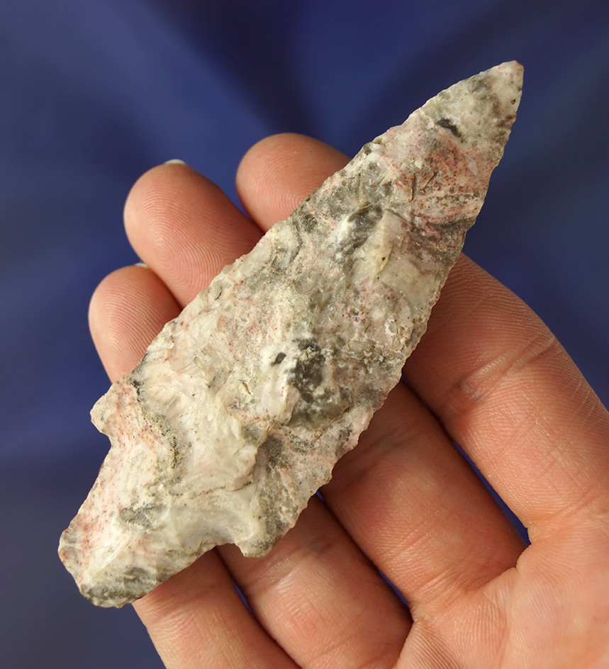 Colorful mottled pink and gray 3 5/8" Dickson point found in Ohio.