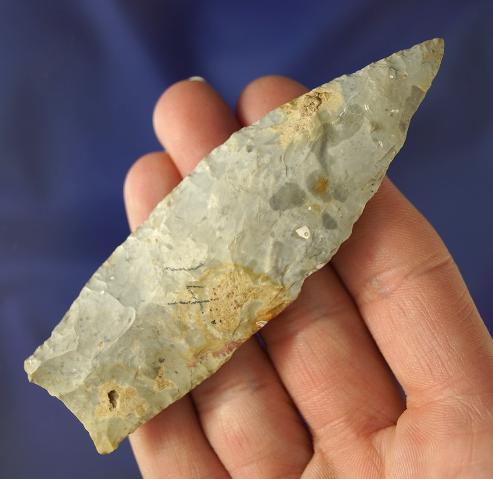 3 13/16" Paleo Lanceolate with nicely ground lower edges found in Clay Co.,  Missouri