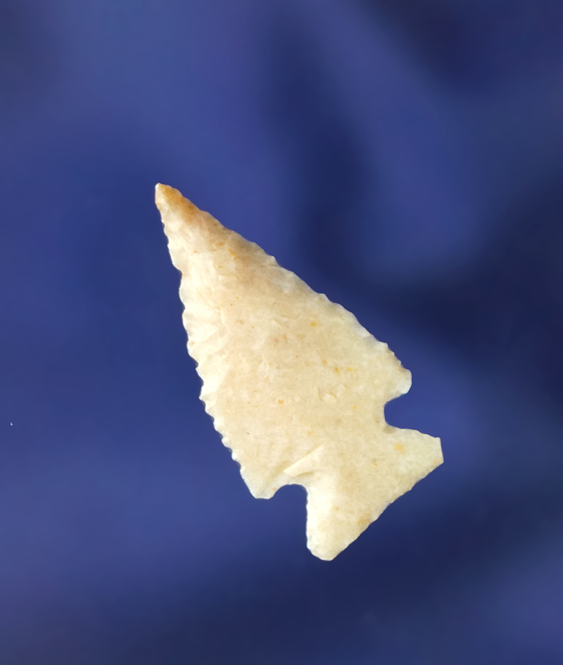 1" bird point found by M. D. Lisbon in the Panhandle area of Texas. Nicely made off a flake.