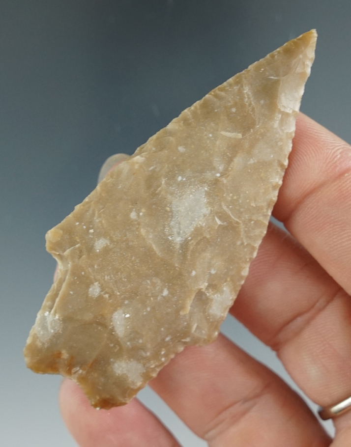 Well made 2 7/8" Pedernales made from tan chert, found in Texas.