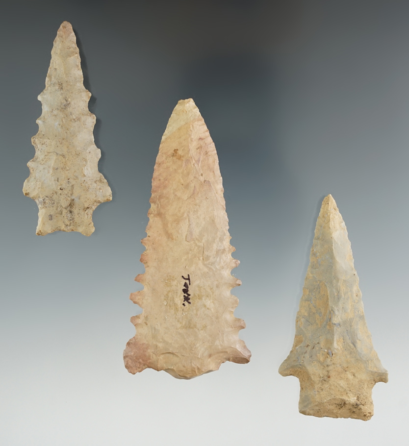Set of three Kirk points found in Tennessee, largest is 3 1/4" and has a snapped base.