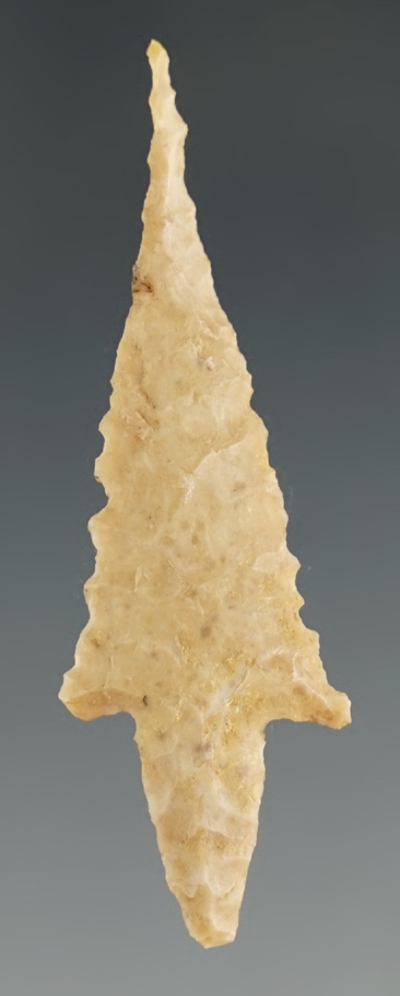 Needle tip on this 1 7/8" Perdiz made from cream chert, found in Maverick Co., Texas. Rogers COA.