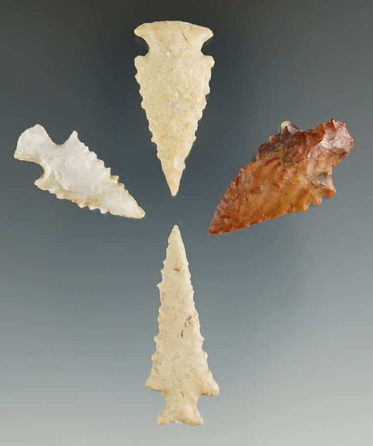 Set of four nicely serrated arrow points found in Texas, largest is 1 1/2".
