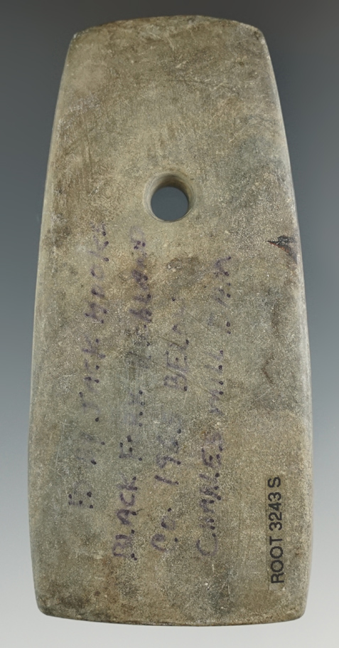 3 3/4" Adena Trapezoidal Pendant made from green and black Mottled Slate. Found by Jack Hooks