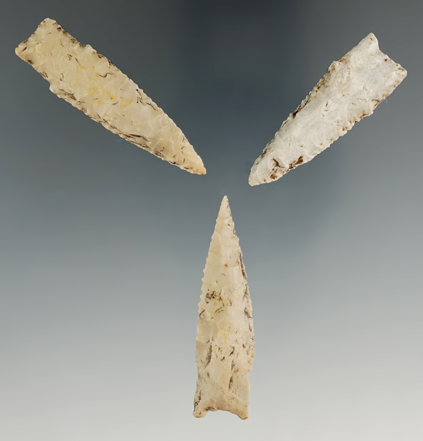 Set of three Darl points found in Central Texas. Largest is 2 3/16". Comes with a Stermer COA.