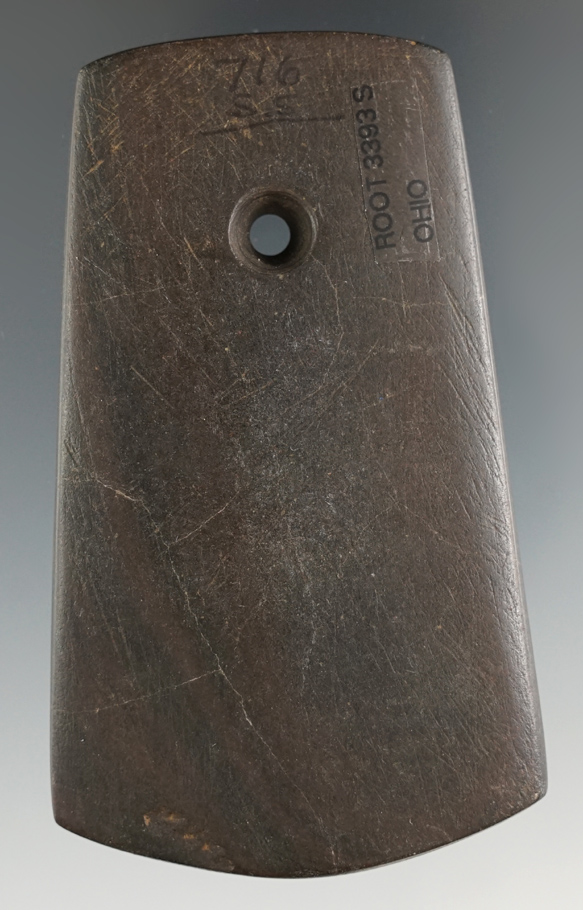 3 5/16" Adena Trapezoidal Pendant made from red and black Mottled Slate, found in Ohio.