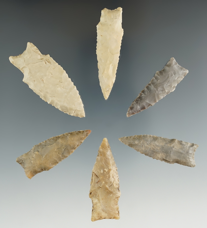 Set of stemmed points found in Texas, largest is 2 1/16".