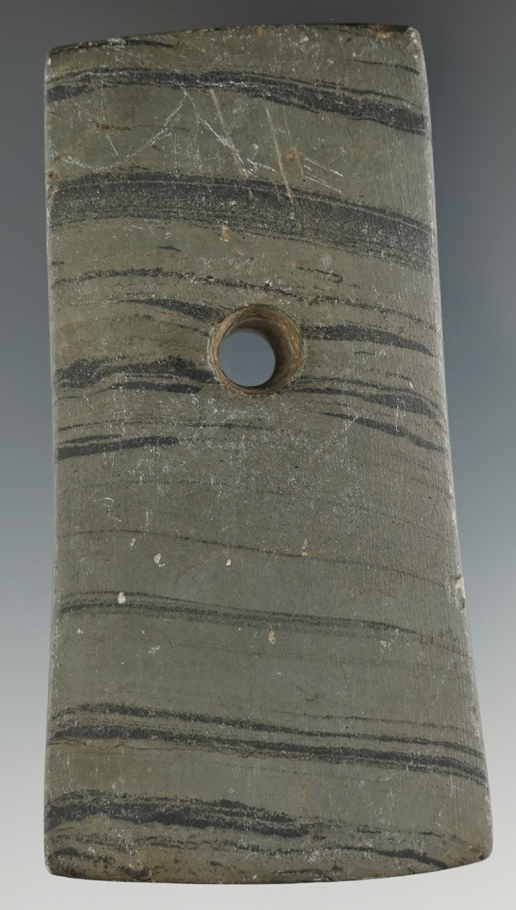 3 11/16" Adena Trapezoidal Pendant made from green and black Banded Slate. Ex. Bob Matthias.