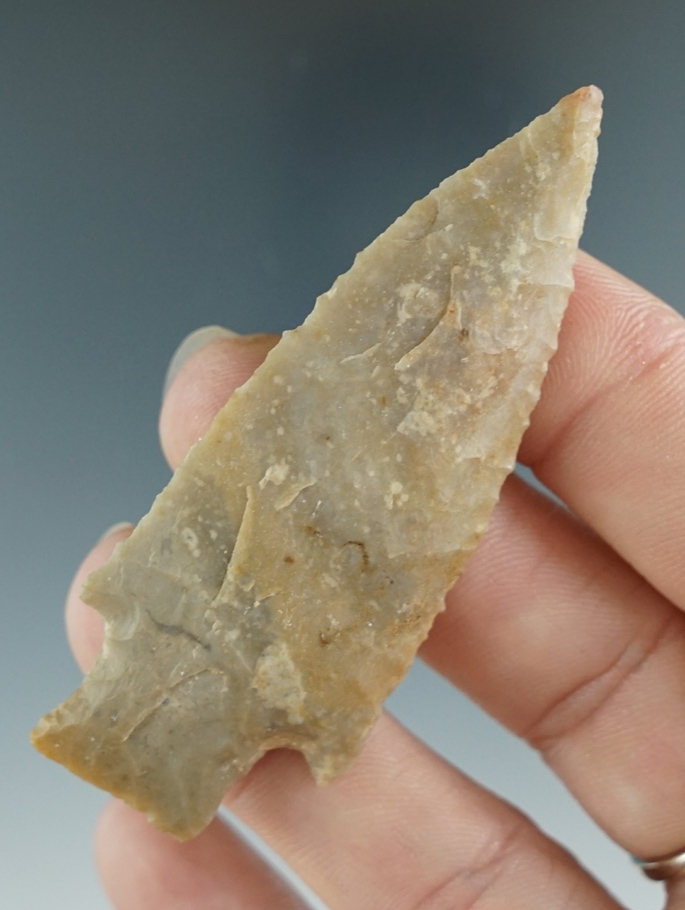 2 5/8" Darl made from tan and gray chert, found in Comanche Co., Texas. Comes with a Rogers COA.