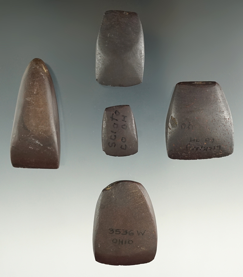 Set of six miniature hematite Celts found in Ohio, largest is 2 1/8".