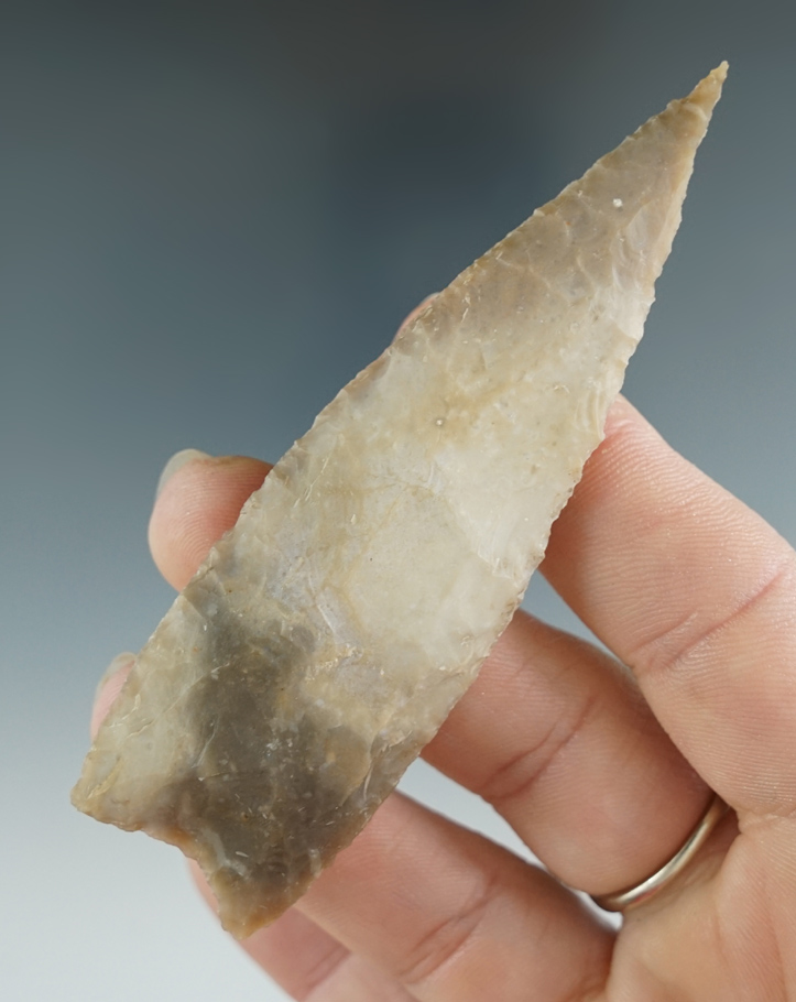 3 9/16" Kinney Point made from cream, gray and brown flint, found in Bell Co., Texas. Rogers COA.