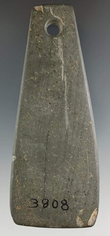 4 3/8" Pendant made from Banded Slate, found in Ohio. Ex. David L. Root Collection.