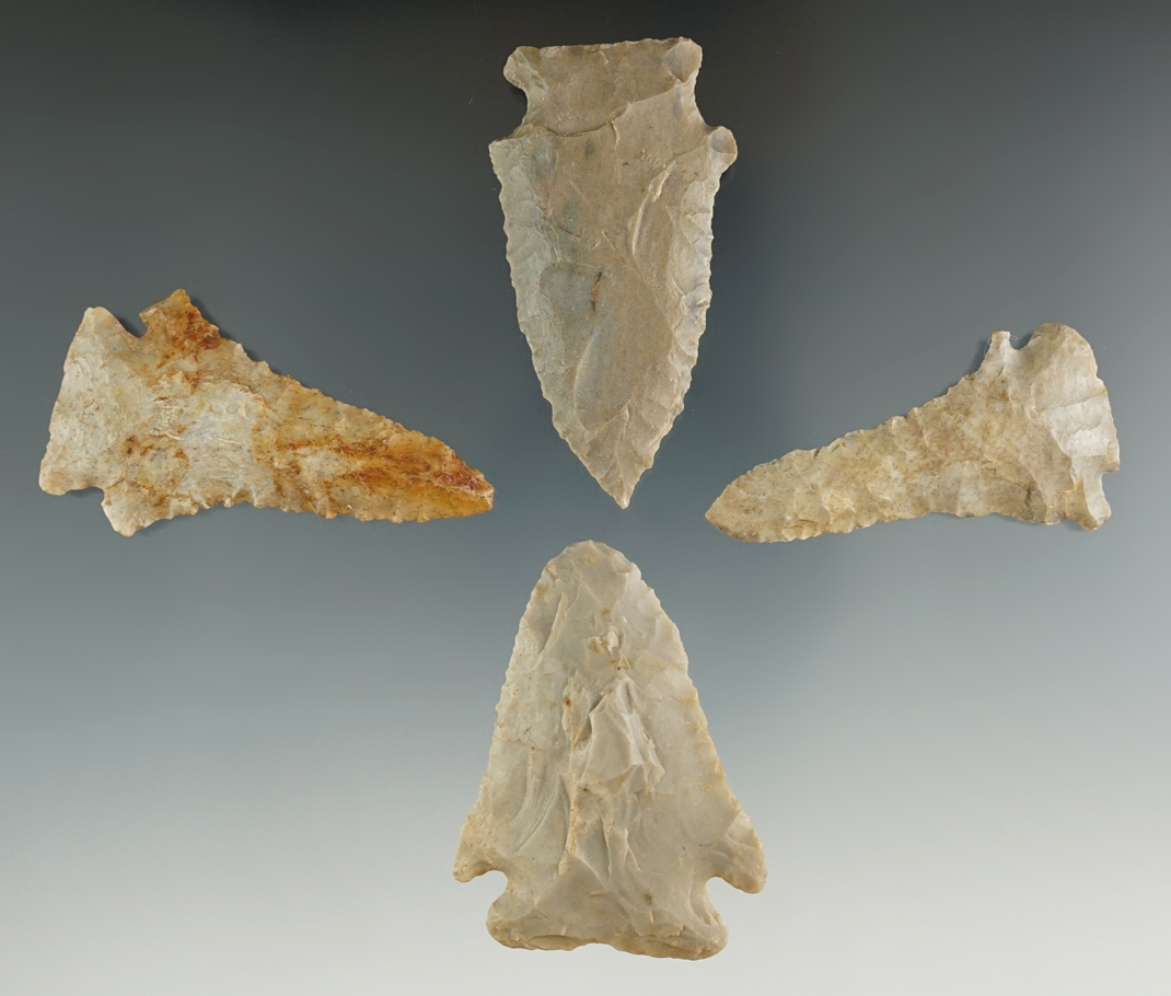 Set of four assorted points found in Kentucky in nice condition, largest is 2 1/4".