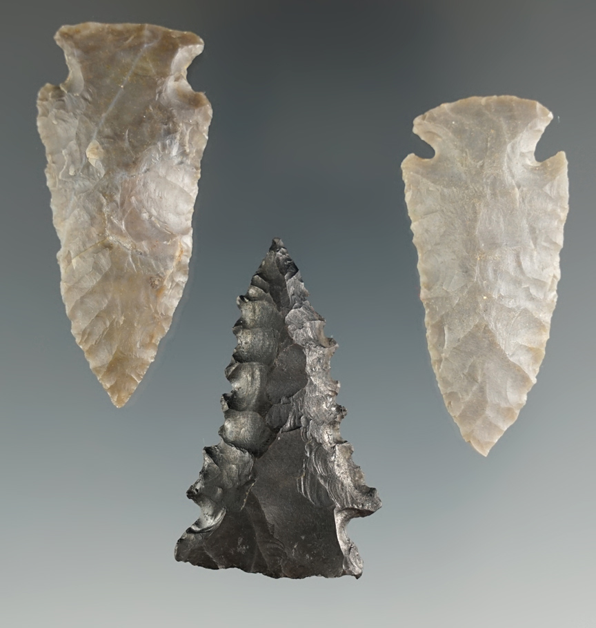 Three well styled arrowheads found in Kentucky, largest is 1 7/8".