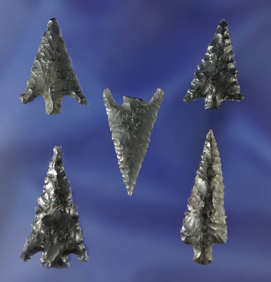 Set of five nice Obsidian arrowheads found in Oregon, largest is 15/16".