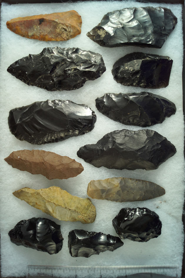 Group of assorted Western U.S. Knives and Blades, many are Obsidian. Largest is 4" long.