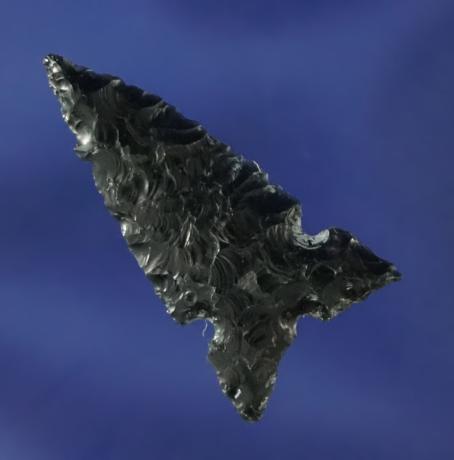 Thin and exceptionally well flaked 1" Obsidian Desert Sierra found near Klamath Lake, Oregon.