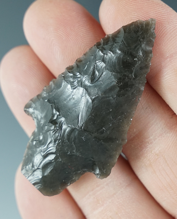 2" Great Basin Stemmed Point made from translucent gray Obsidian. Found in the Great Basin, Oregon.