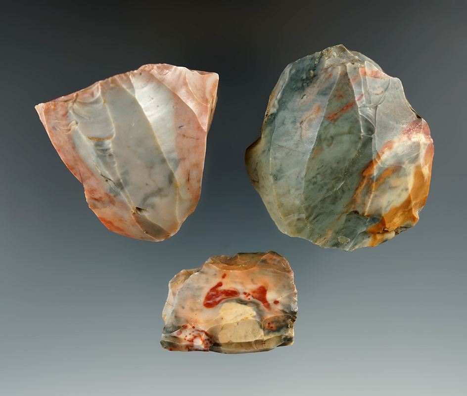 Three very colorful and rare Green Flint Ridge Hopewell Cores. Found in Licking Co., Ohio.