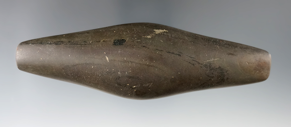 5 5/16" Undrilled Adena Expanded Center Gorget made from Banded Slate found in Preble Co., Ohio.