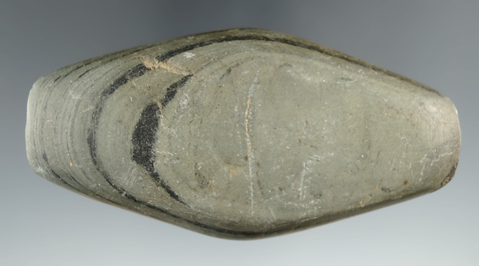 3 15/16" Undrilled Adena Expanded Center Gorget made from green and black Banded Slate. Ohio..