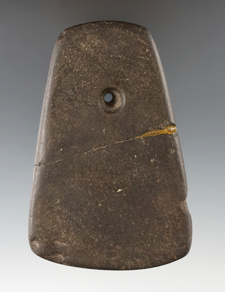 3 3/4" Trapezoidal Pendant with a couple very old dings that is broken and glued. Wood Co., Ohio.