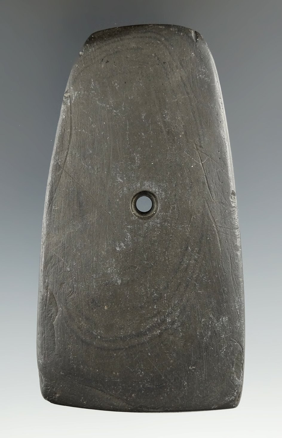3 3/8" Hopewell Trapezoidal Pendant made from gray and black Banded Slate, found in Perry Co., Ohio.