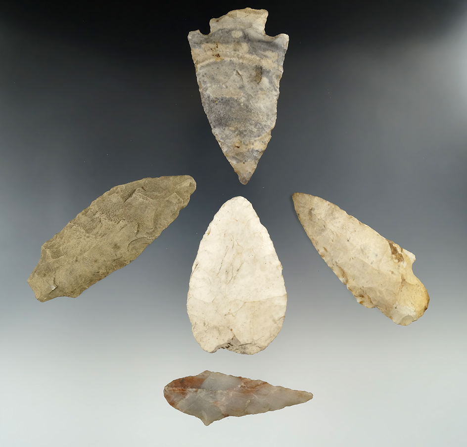 Group of five assorted Midwest flaked artifacts, largest is 3 5/8".