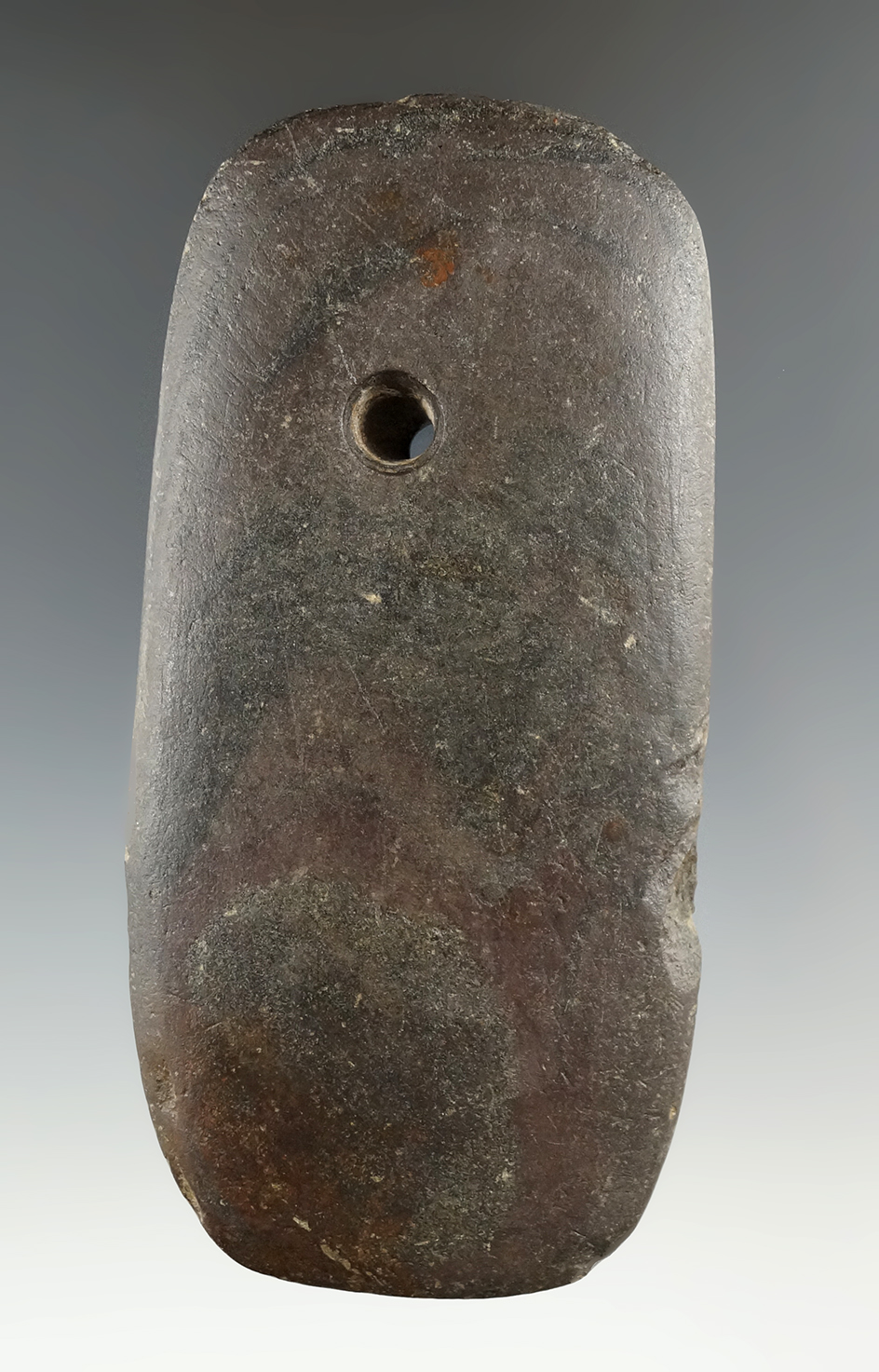 4 3/8" Adena Trapezoidal Pendant. Mottled/Banded Slate.  Auglaize Co., Ohio by Roland Poppe.