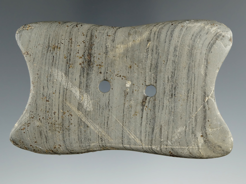 3 1/4" Hopewell Reel Gorget made from Banded Slate, found in Shelby Co., Ohio. Ex. Tom Frainey.