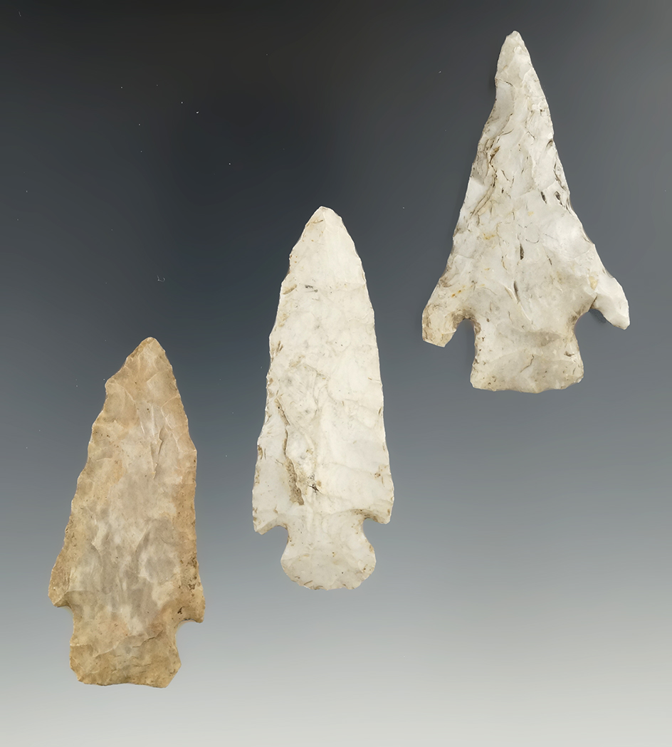 Set of three Arrowheads from the Illinois area, largest is 2 3/4".