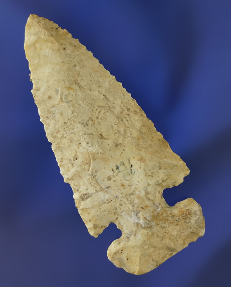 3 5/16" nicely patinated Archaic Thebes E-Notch  found in Wood Co.,  Ohio. Ex. Reinhart collection.