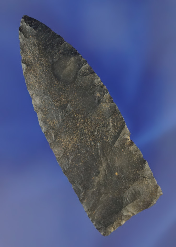 Excellent flaking on this 3 5/16" Coshocton Flint Paleo Lanceolate  found in Coshocton Co.,  Ohio.