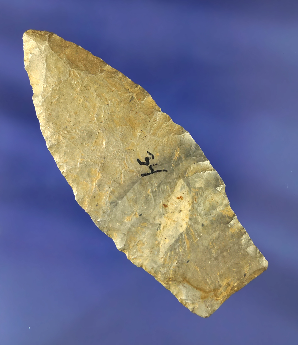 2 15/16" Stemmed Paleo Lanceolate  found in Huron Co.,  Ohio. Ex. Charles Shewey - Partain COA.