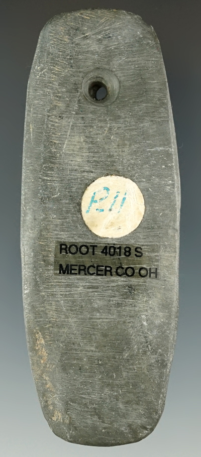 3 7/16" Hopewell Trapezoidal Pendant made from Banded Slate, found in Mercer Co., Ohio.