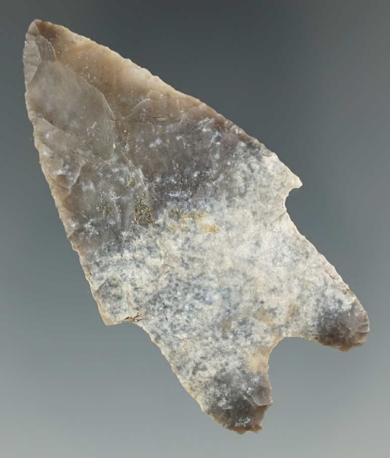 2 7/16" heavily patinated Pedernales Point made from attractive multi-color Flint found in Texas.