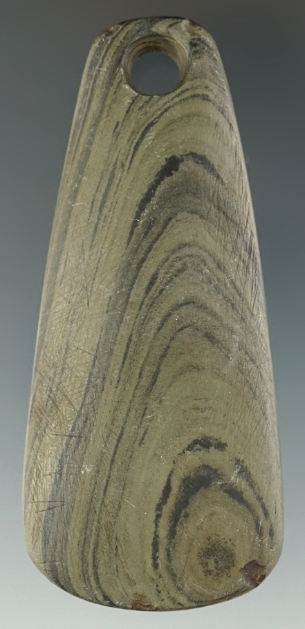 3" Adena Tear Drop Pendant made from green and black Banded Slate, found in Clinton Co., Ohio.