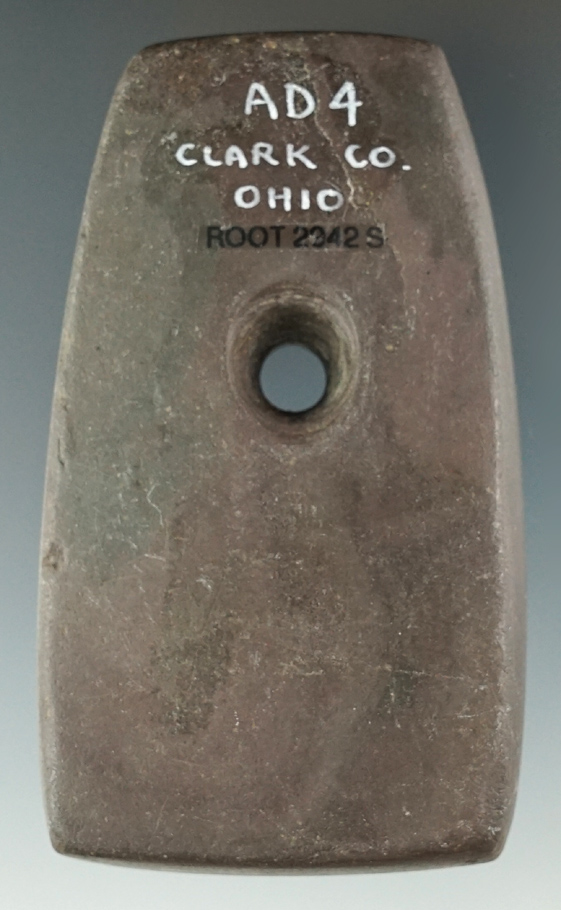 3 1/8" Adena Trapezoidal Pendant made from red and black Mottled Slate, found in Clark Co., OH.