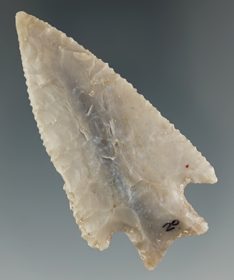 Excellent edge micro serrations on this 2 3/8" thin and well flaked Split Stem - Wilson Co., Texas.