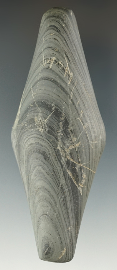 4 1/16" Undrilled Adena Expanded Center Gorget made from Banded Slate. Union Co., Ohio.