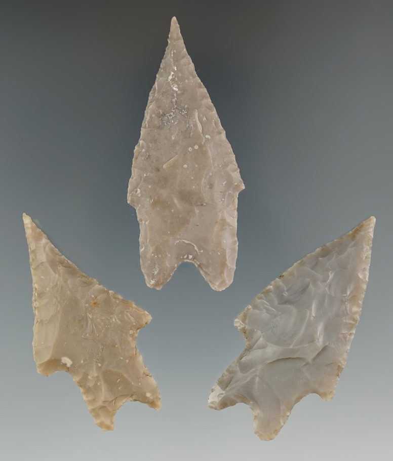 Set of three Pedernales Points found in Texas, largest is 2 11/16" and has a needle tip.