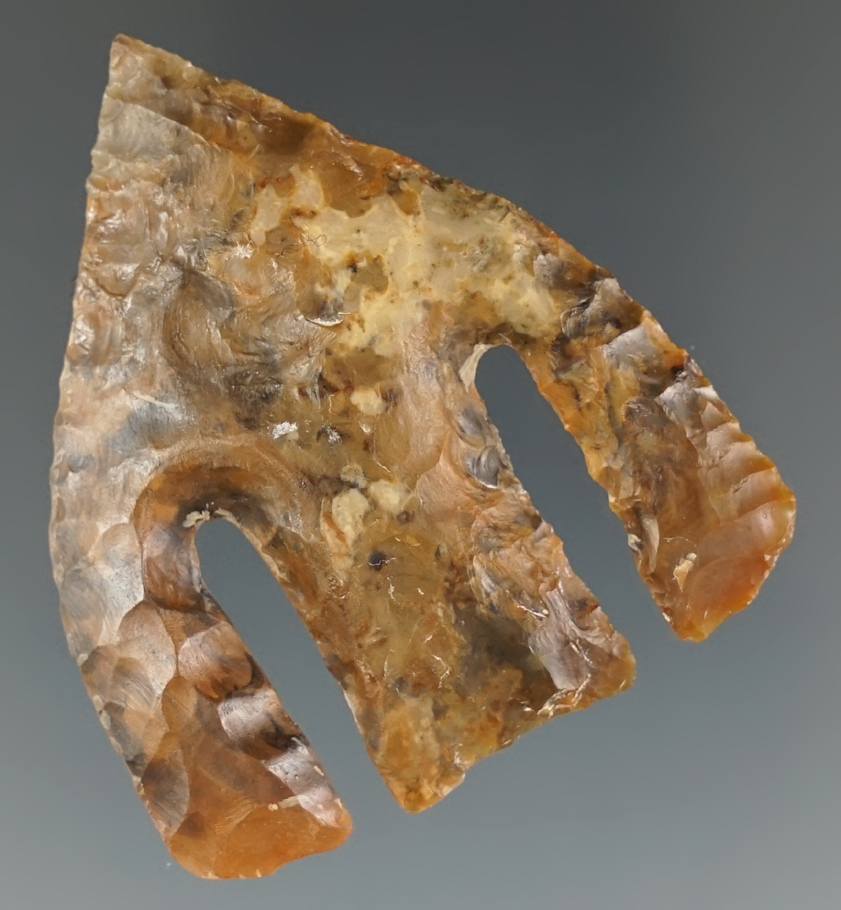 2 1/8" Andice made from dark brown and tan Chert, found in Central Texas. One barb restored.